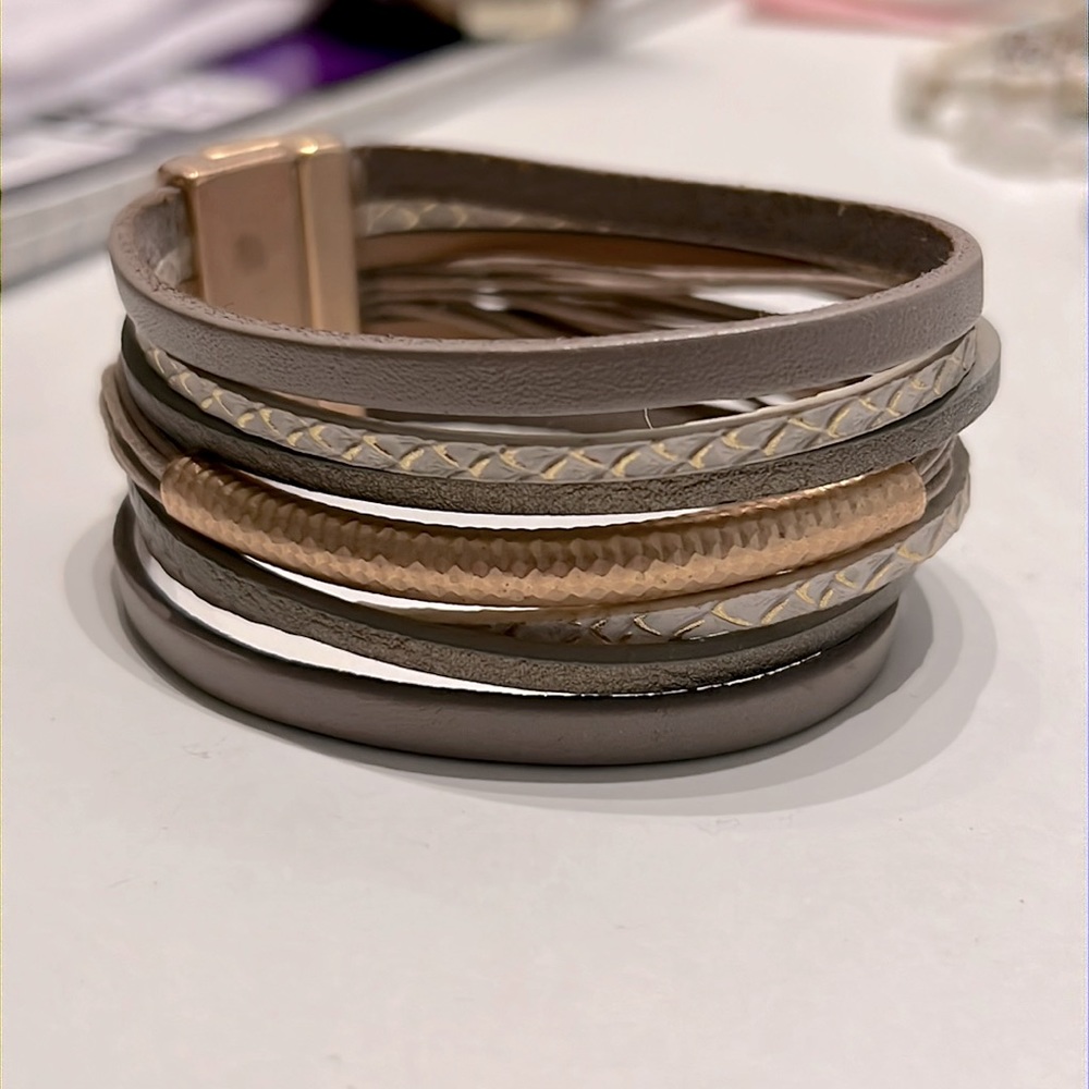 Taupe Gold White Leather Wrap bracelet Francesca’s